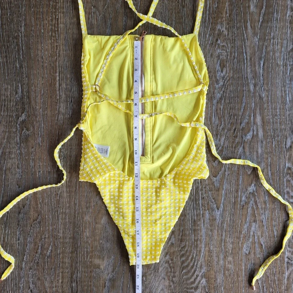 Blue Life Yellow Gingham Textured Zip Front One Piece Swimsuit Small Tie Back